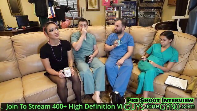 Channy Crossfire & male patients pre-shoot interview in scrubs medical checkup