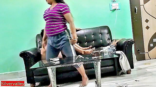 Indian hot aunty in purple top grey pants on couch XXX sex