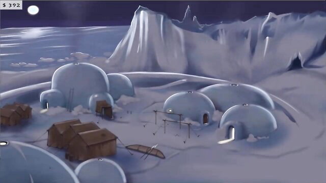 Icy Eskimo village with igloos under moonlit snowy mountains