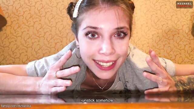 Cute tattooed brunette in grey tee begs stepbro to unstick her, glued fetish tease