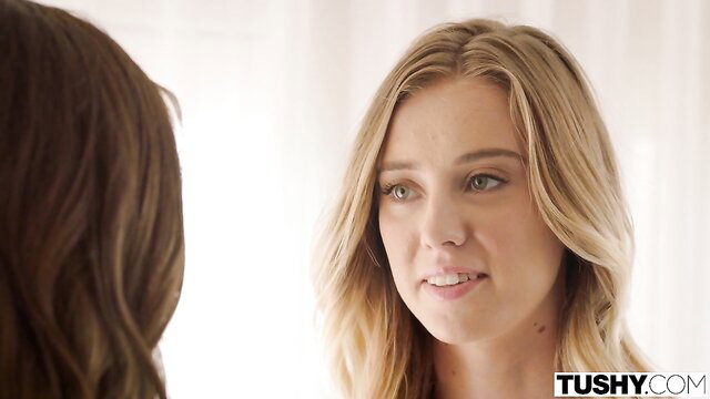 Haley Reed and Blair Williams eye contact in Tushy threesome