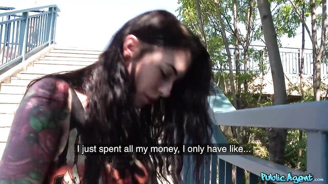 Anna De Ville tattooed brunette broke on public stairs, Public Agent