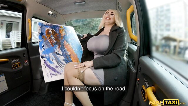 Blonde big tits model in stockings holds painting in Fake Taxi car
