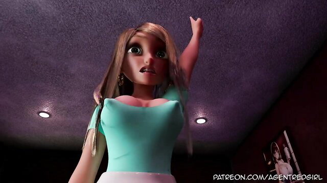 Blonde Agent Red Girl big tits bounce in tight top, excited pose