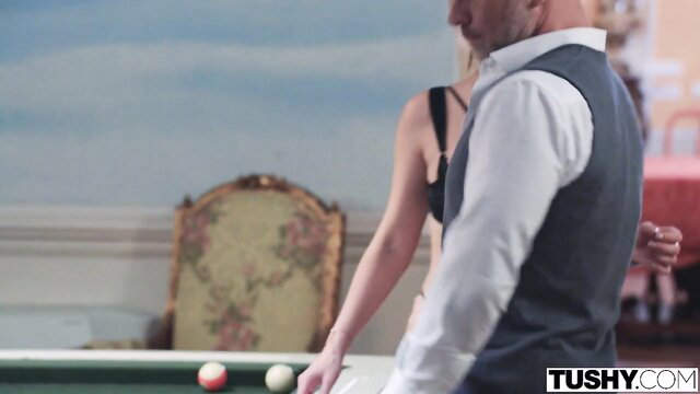 Lika Star in black lingerie by pool table with Christian Clay Tushy threesome