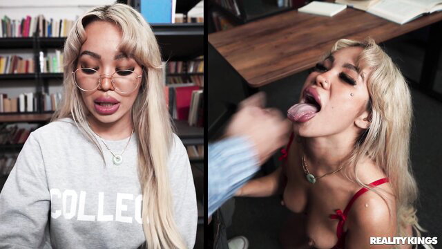 Luna Luxe sloppy deepthroat blowjob in Reality Kings library scene