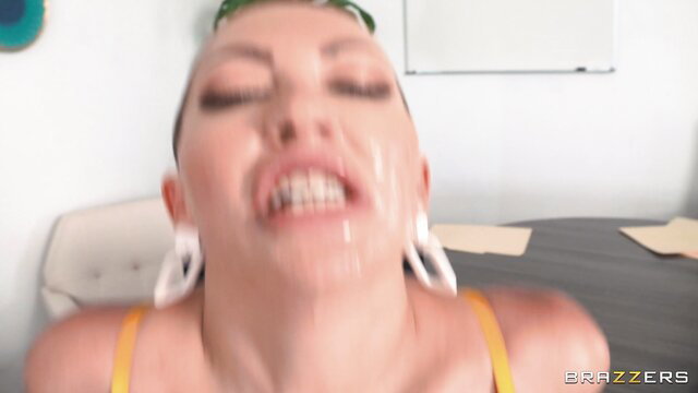 Bitchy boss with cum on smirking face in yellow top, high heels, thongs