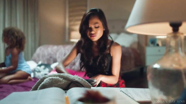 Petite Asian Vina Sky in lingerie studying in bedroom