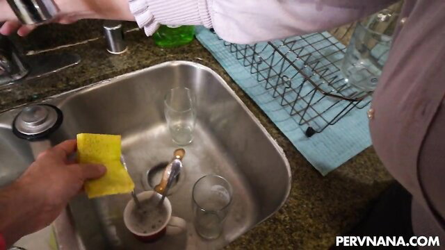 Dee Williams washing dishes in kitchen, Mylf POV tease