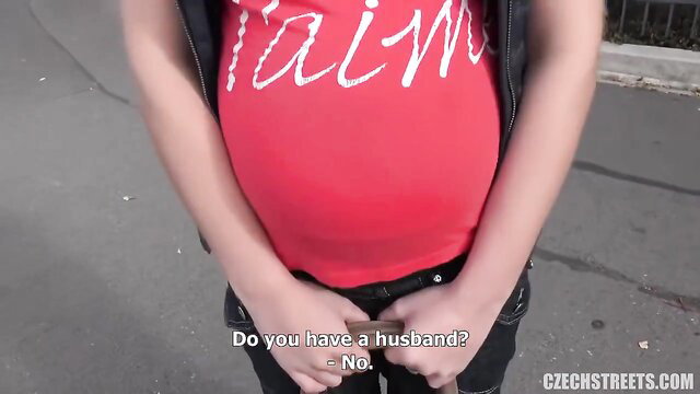 Pregnant Czech babe in red PAINM top asks if she has husband, no