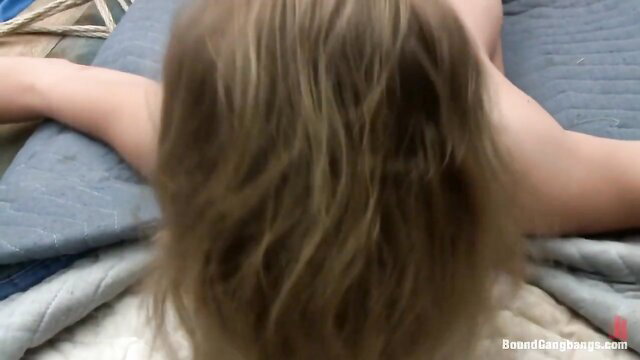 Chastity Lynn bound spread eagle in gangbang prep, nude small tits