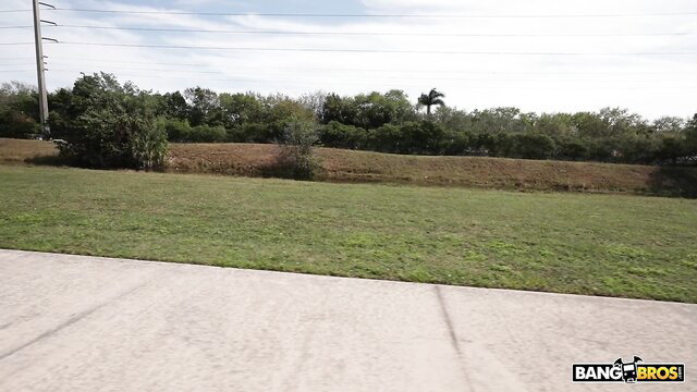 Nerdy blonde Annie Archer outdoors on Bang Bus interracial set