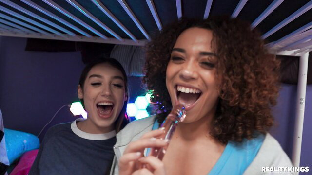 Hazel Moore & Violet Gems sucking dildo in wild dorm orgy