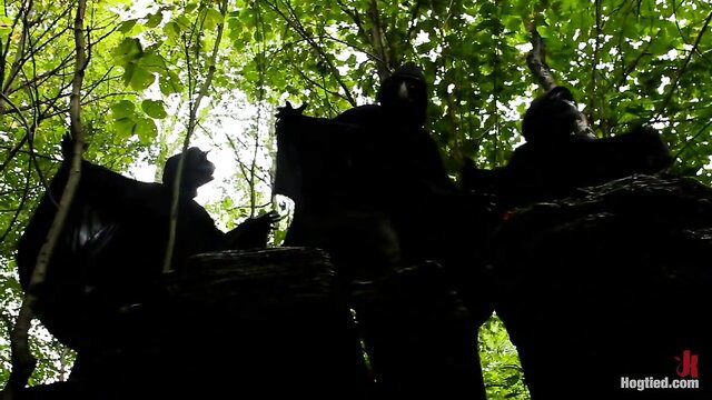 Cherry Torn, Rain Degre & Iona Grace bound in BDSM hogtie jungle abduction