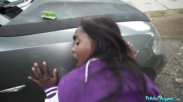 Blair Saenz big tits black beauty hands on car fucked hard public