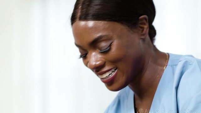 Ana Foxxx smiling in nurse uniform, sexy medical rubdown