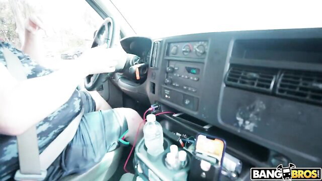 Molly Little in Bang Bus van with Dan Damage driving, amateur POV tease