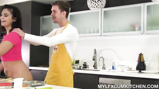 Violet Starr topless with Markus Dupree in apron, kitchen foreplay