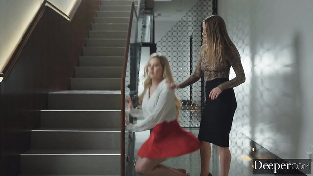 Blake Blossom in sexy red skirt and white blouse on stairs