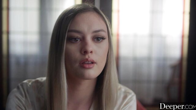 Amber Moore in silky robe closeup, Tushy interracial star