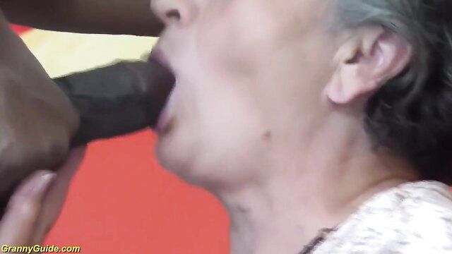 Ramona hairy granny sucks big black cock deepthroat closeup