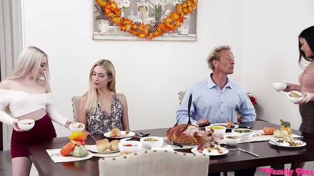 Lulu Chu, Haley Spades at Thanksgiving table with dad in Family Pleasures