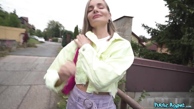 Fibi Euro blonde teenie in yellow jacket pink skirt public flashing tease