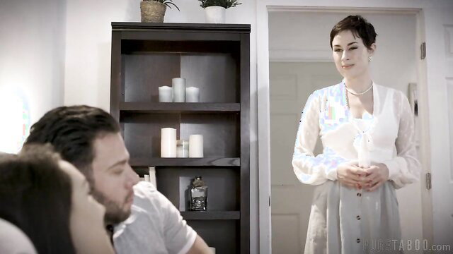 Olive Glass in sheer blouse and skirt teases Seth Gamble