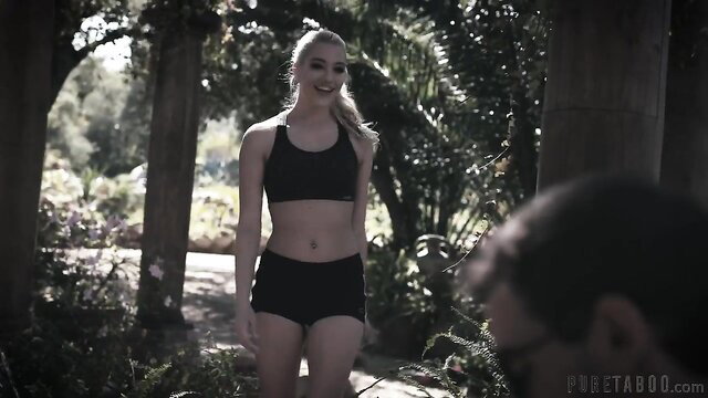 Petite blonde stepsis in sports bra and shorts teases stepbro outdoors