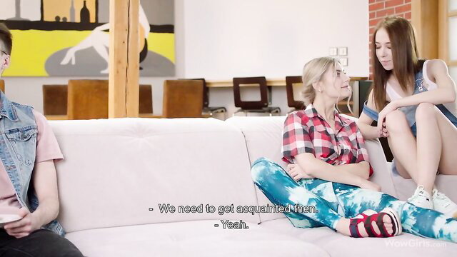 Eva Elfie & Nata Ocean in tight jeans chatting with nerd guy