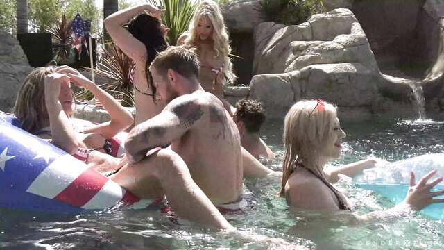 Wild pool party with busty blondes, brunette, titty-fucking kinky fun