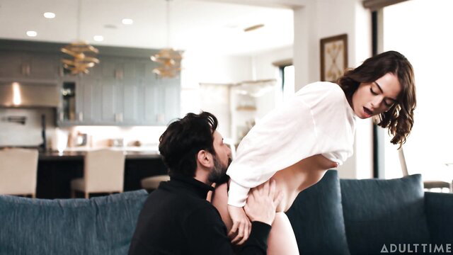 Sophia Burns lifted naked by man, white shirt upskirt, Adult Time