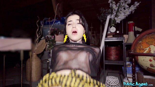 Crystal Cherry moaning in sheer top, big yellow earrings, public sex