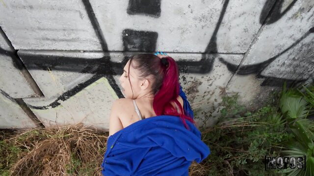 Alexandra Targaryen topless with pink ponytail by graffiti wall, Mofos