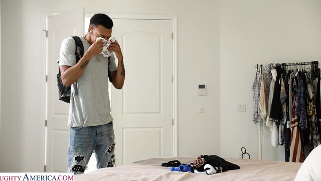 Lawson Jones sniffing panties in London Rose's bedroom