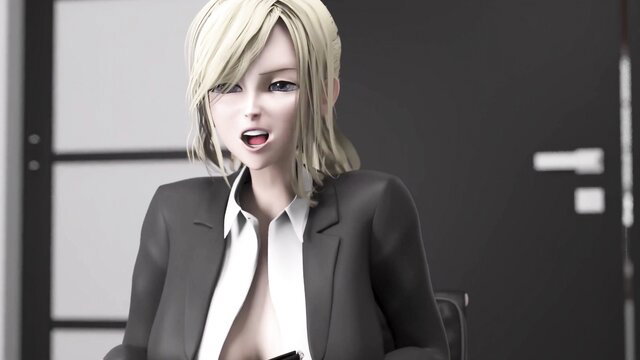 Blonde office babe in suit sticks out tongue for facial cumshot closeup