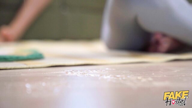 Fake Hostel Sneaky Jerks blonde model squatting nude with cum on floor