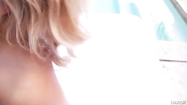 Blonde Mia Malkova nude neck and hair closeup outdoors