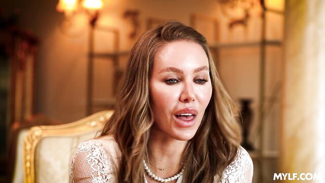 Nicole Aniston in kinky MILF interview, lace top closeup