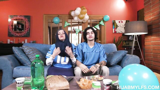 Mona Azar in hijab & Elias Cash CFNM romp on couch