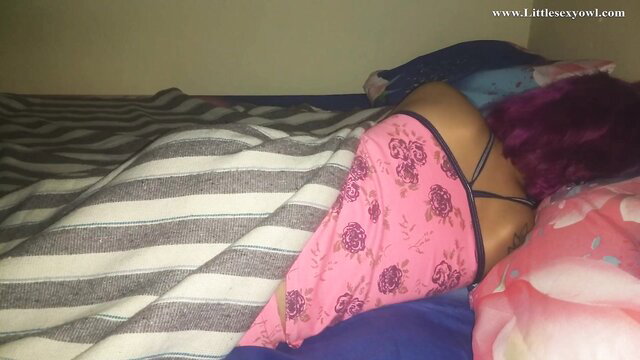 Petite purple-haired Asian teen in pink lingerie asleep in bed