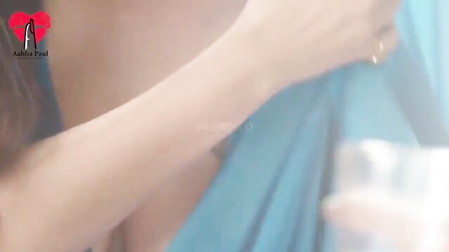 Aabha Paul topless tease in blue dress, huge tits closeup