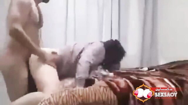 Arab man nude fucking woman doggystyle on bed in frenzy orgy