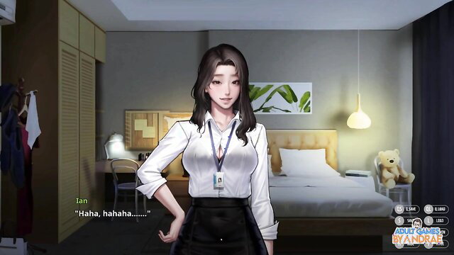 Asian office lady Mika laughs seductively in tight blouse and skirt