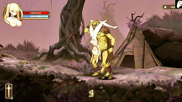 Blonde anime angel girl carried & fucked by big goblin monster in hentai game