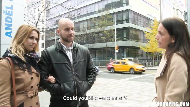 Busty blonde and brunette beauties with man asked to kiss on public street cam