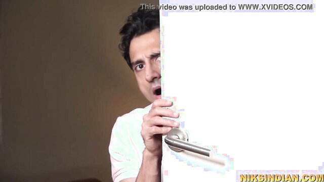 Shocked 50yo Indian Amma Mrs Sarabhai peeking from door in white shirt