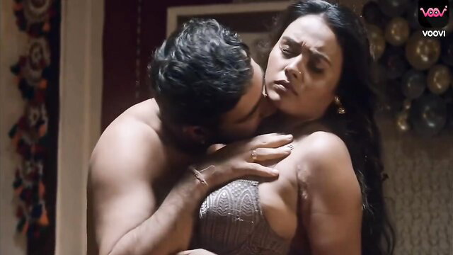 Indian couple passionate kiss, hunk gropes busty woman's big tits in lingerie