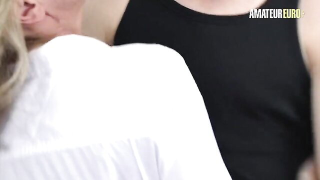 Blonde MILF in white top rides young stud's big dick reverse cowgirl