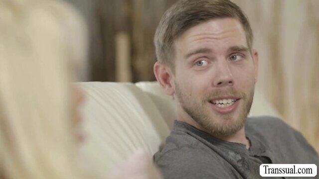 Brittney Kade's blonde shemale stepsister closeup smile with stepbro